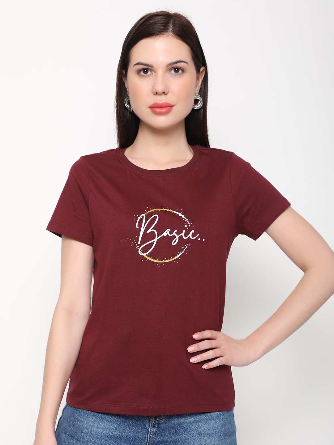 

Outflits Women Typography Printed Cotton T-shirt, Brown