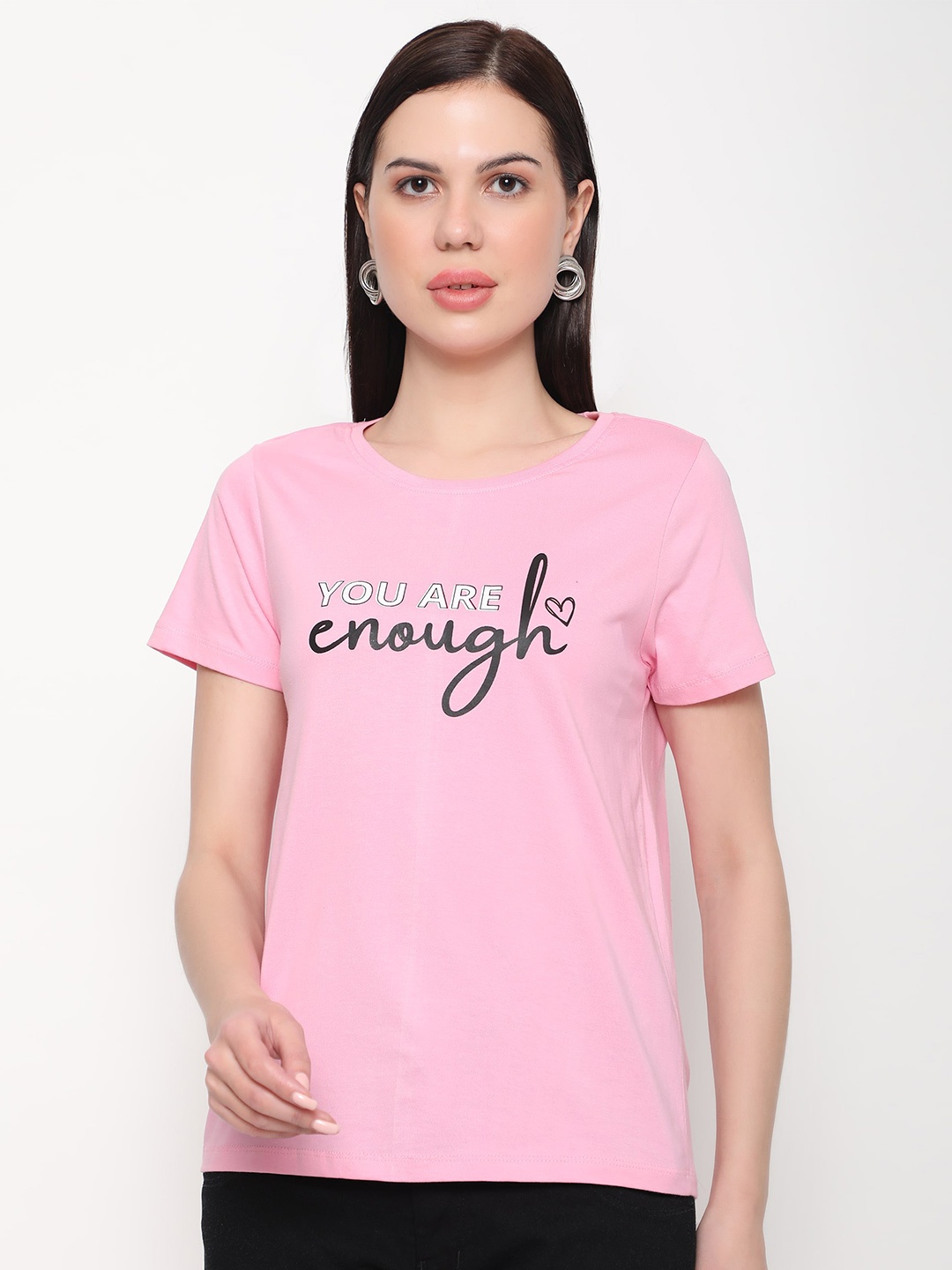 

Outflits Women Typography Printed Cotton T-shirt, Pink