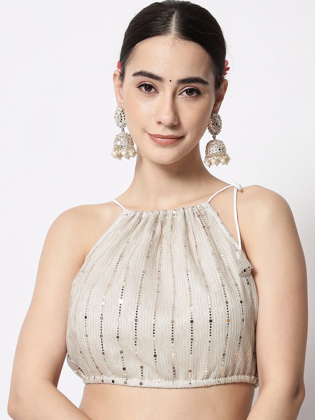 

studio rasa Embellished Georgette Crop Top, Silver