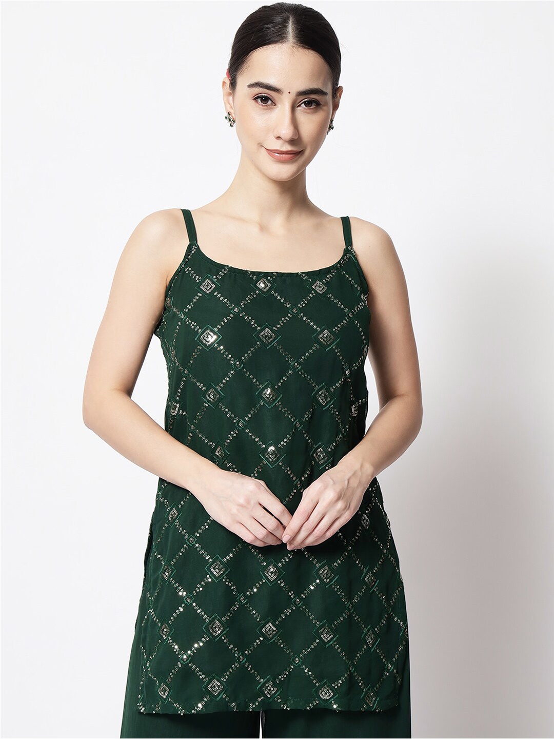 

studio rasa Geometric Embroidered Sequinned Kurti, Green