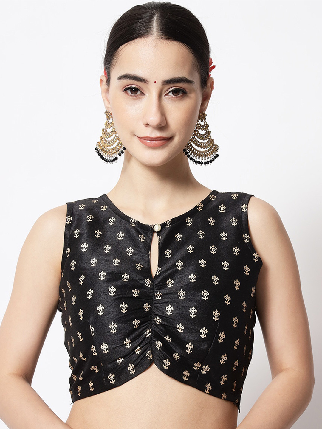 

studio rasa Printed Keyhole Neck Block Print Crop Top, Black