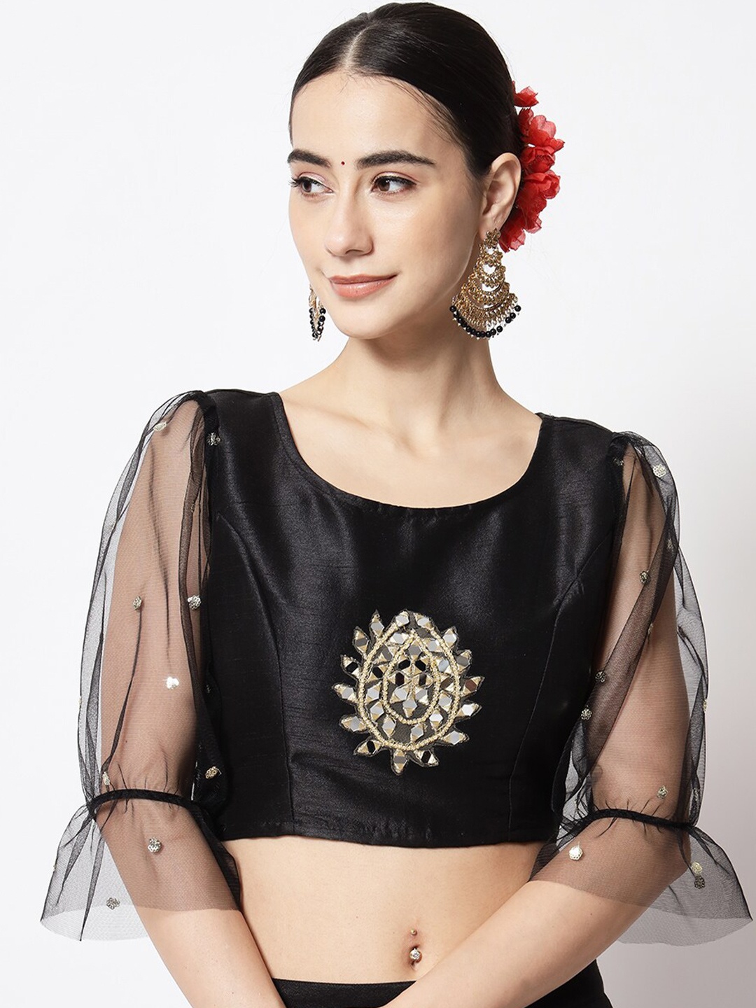 

studio rasa Mirror Work Embroidered Crop Top, Black