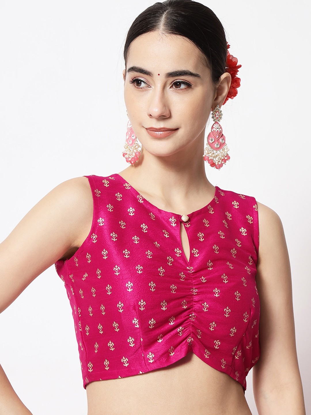 

studio rasa Printed Keyhole Neck Block Print Crop Top, Pink