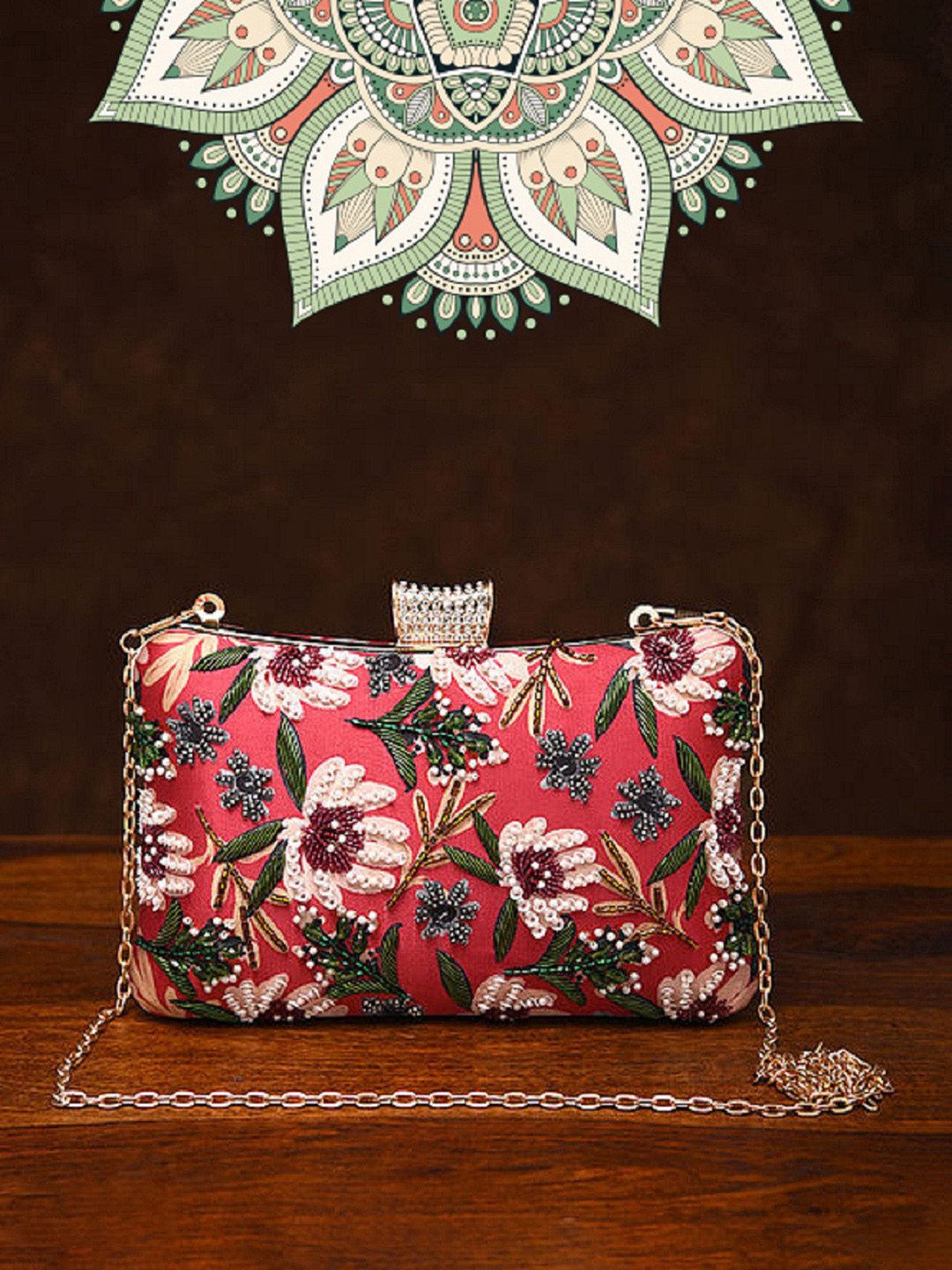 

Jalwa Art Floral Printed Structured Silk Sling Bag, Red