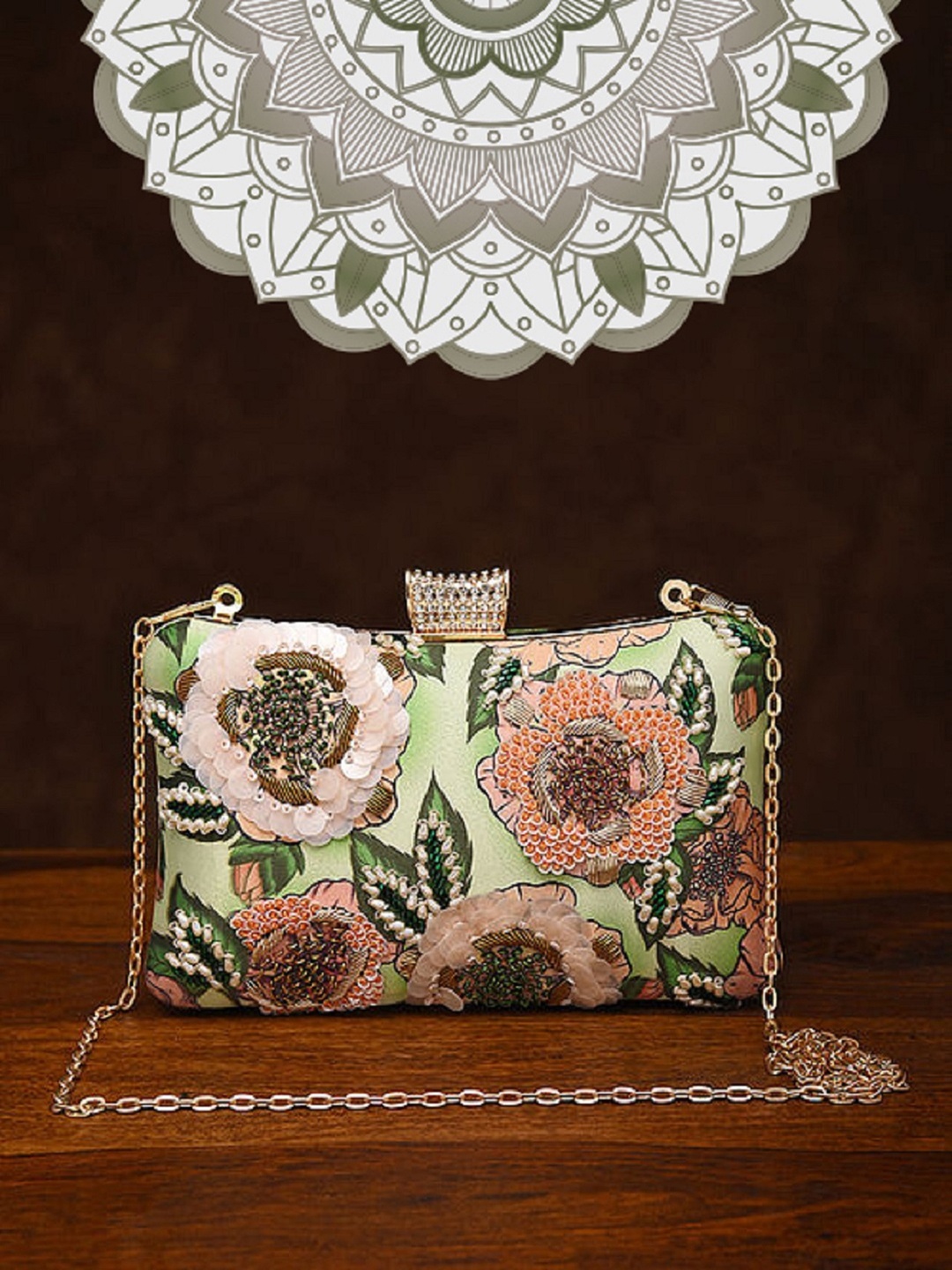 

Jalwa Art Floral Embellished Structured Silk Sling Bag, Green