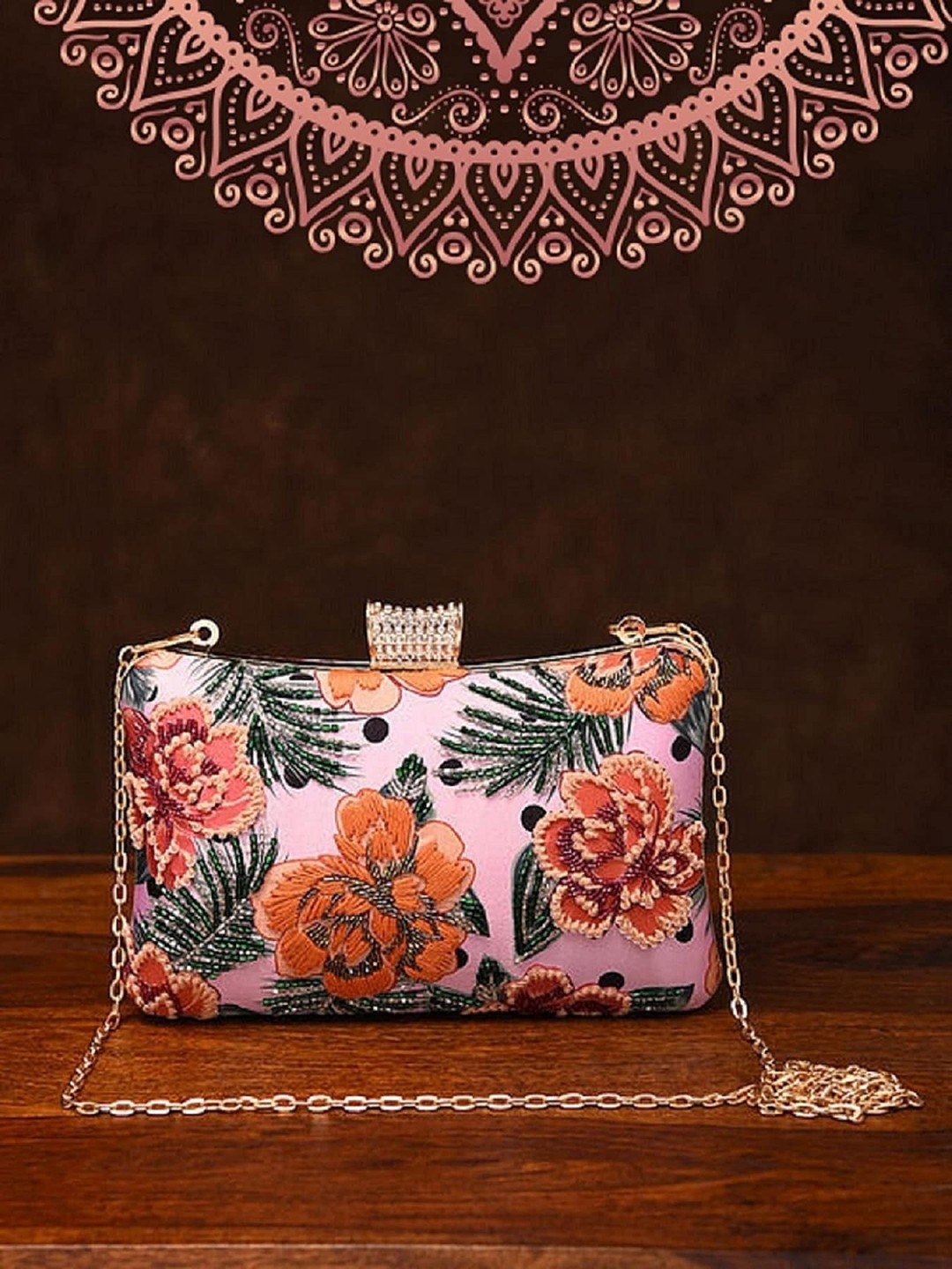 

Jalwa Art Floral Printed Structured Silk Sling Bag, Pink