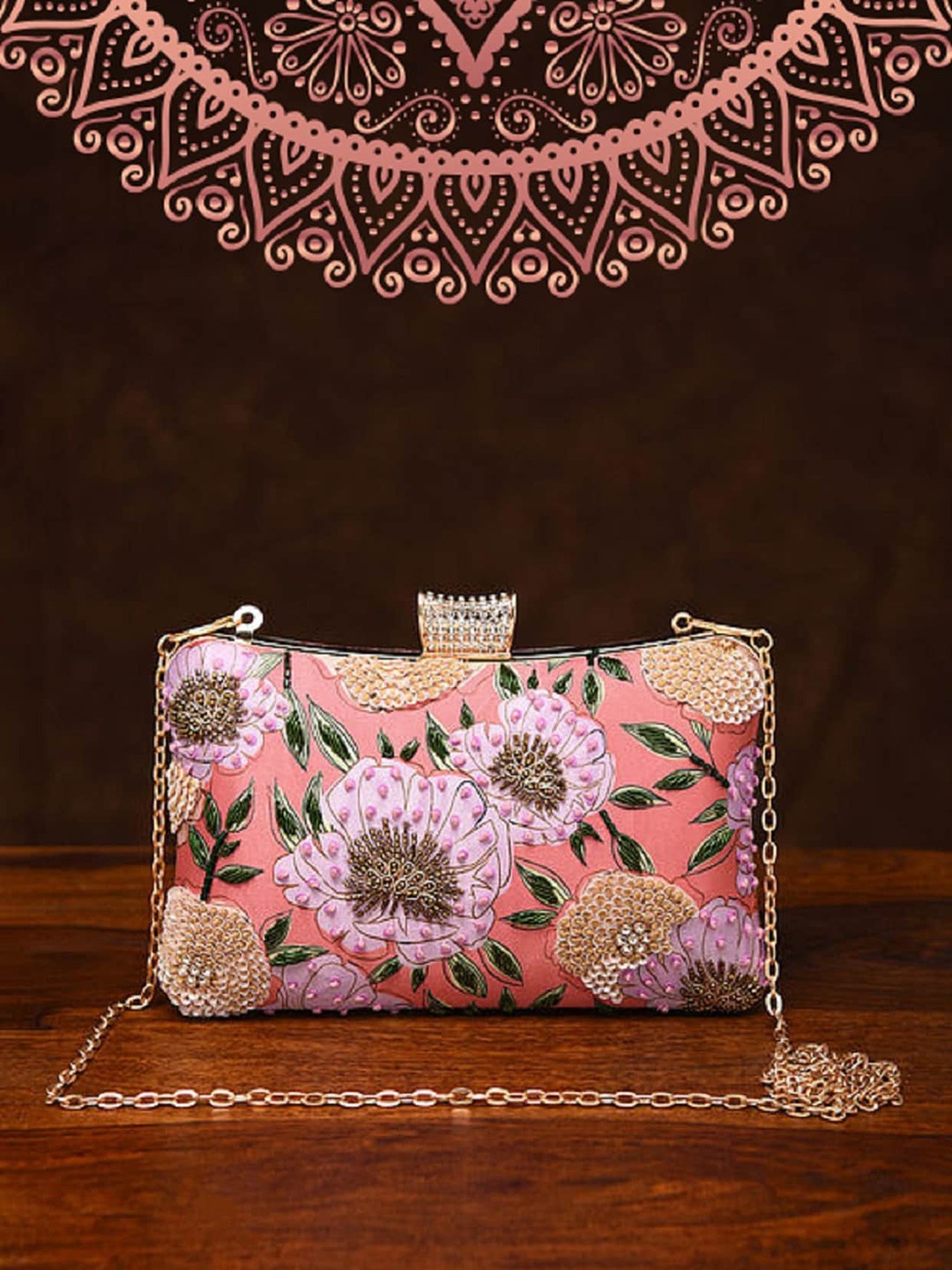 

Jalwa Art Floral Printed Structured Silk Sling Bag, Pink