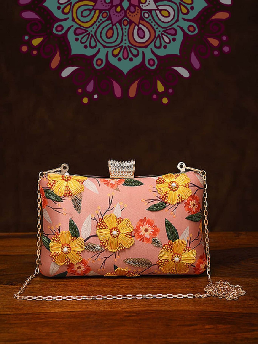 

Jalwa Art Floral Printed Structured Silk Sling Bag, Peach