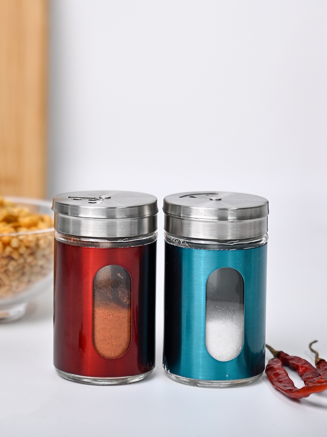 

MARKET99 Set Of 2 Maroon & Blue Stainless Steel Salt & Pepper Container 90 ml