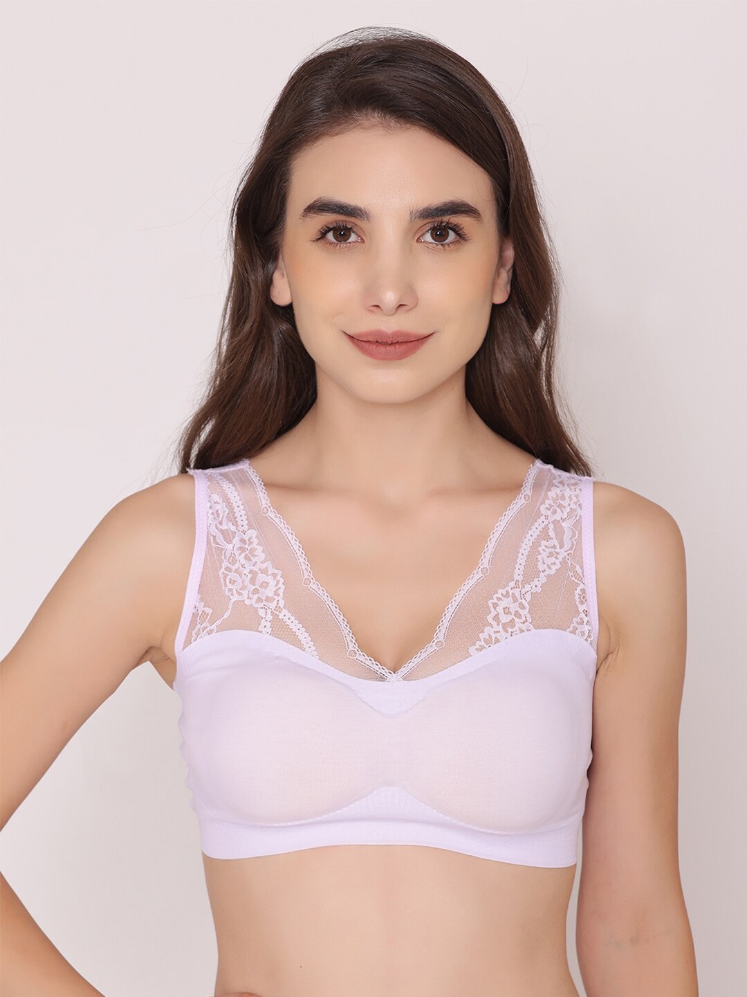 

Treasure ches Woman Feather Pull-on Wire Free Padded Lace Tshirt Bra, Purple