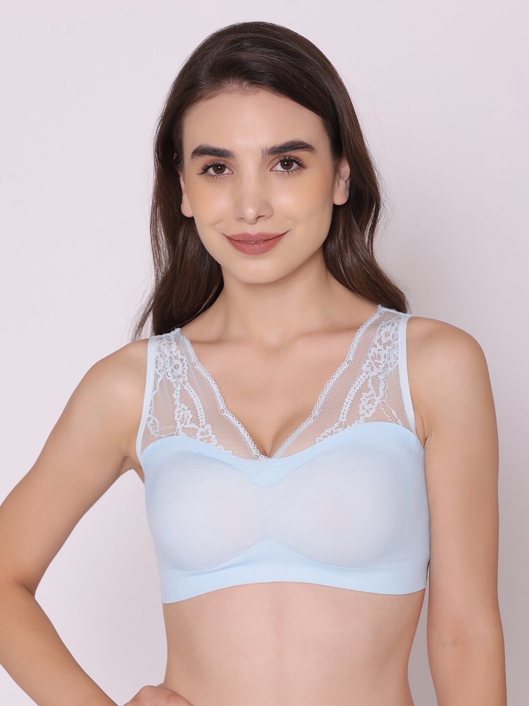 

Treasure chest Woman Feather Pull-on Wire Free Padded Lace Tshirt Bra, Blue