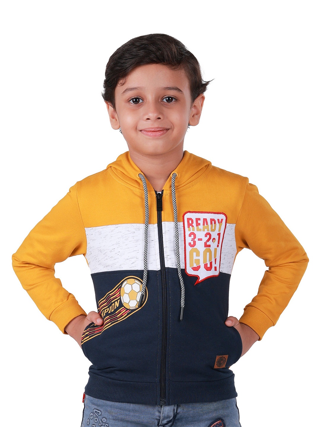 

3PIN Boys Printed Cotton Colourblocked Hooded Sweatshirt, Mustard