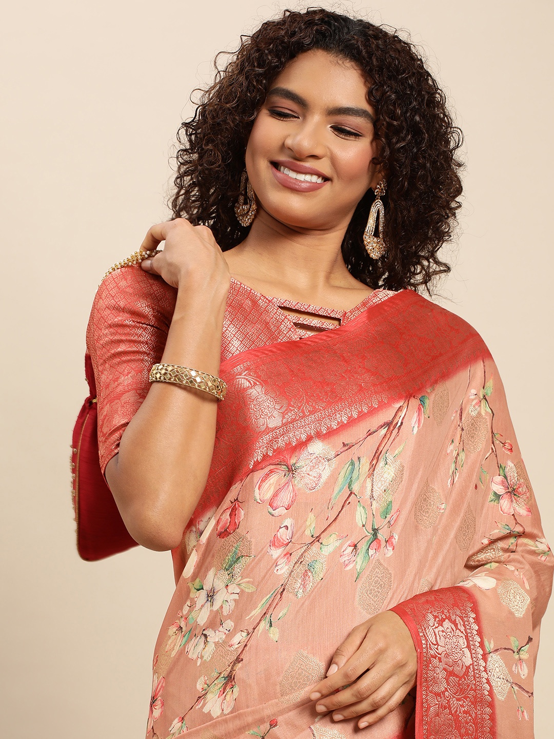 

Mitera Pink Floral Zari Pure Silk Jacquard Saree