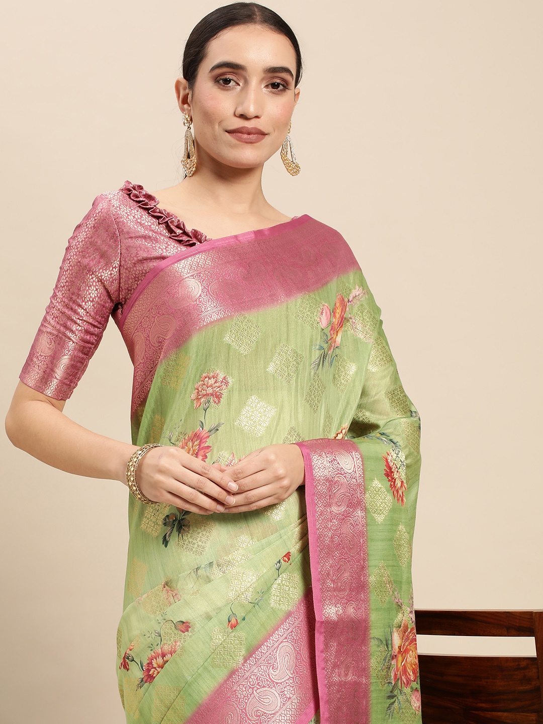 

Mitera Green & Pink Floral Zari Pure Silk Jacquard Saree