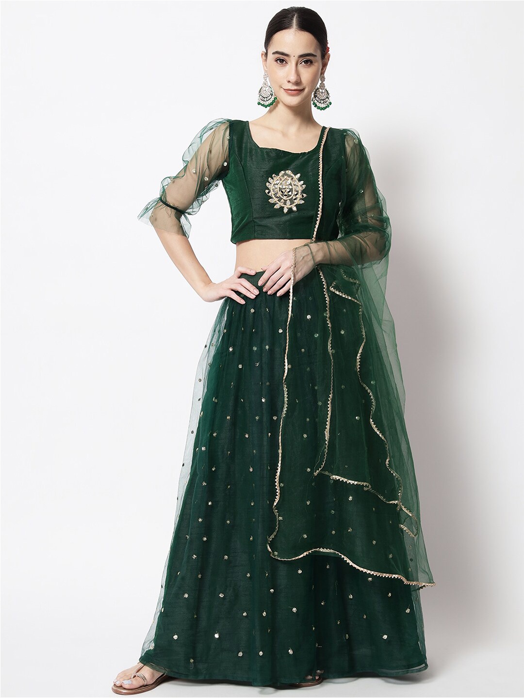 

studio rasa Embellished Mirror Work Ready to Wear Lehenga & Blouse With Dupatta, Green