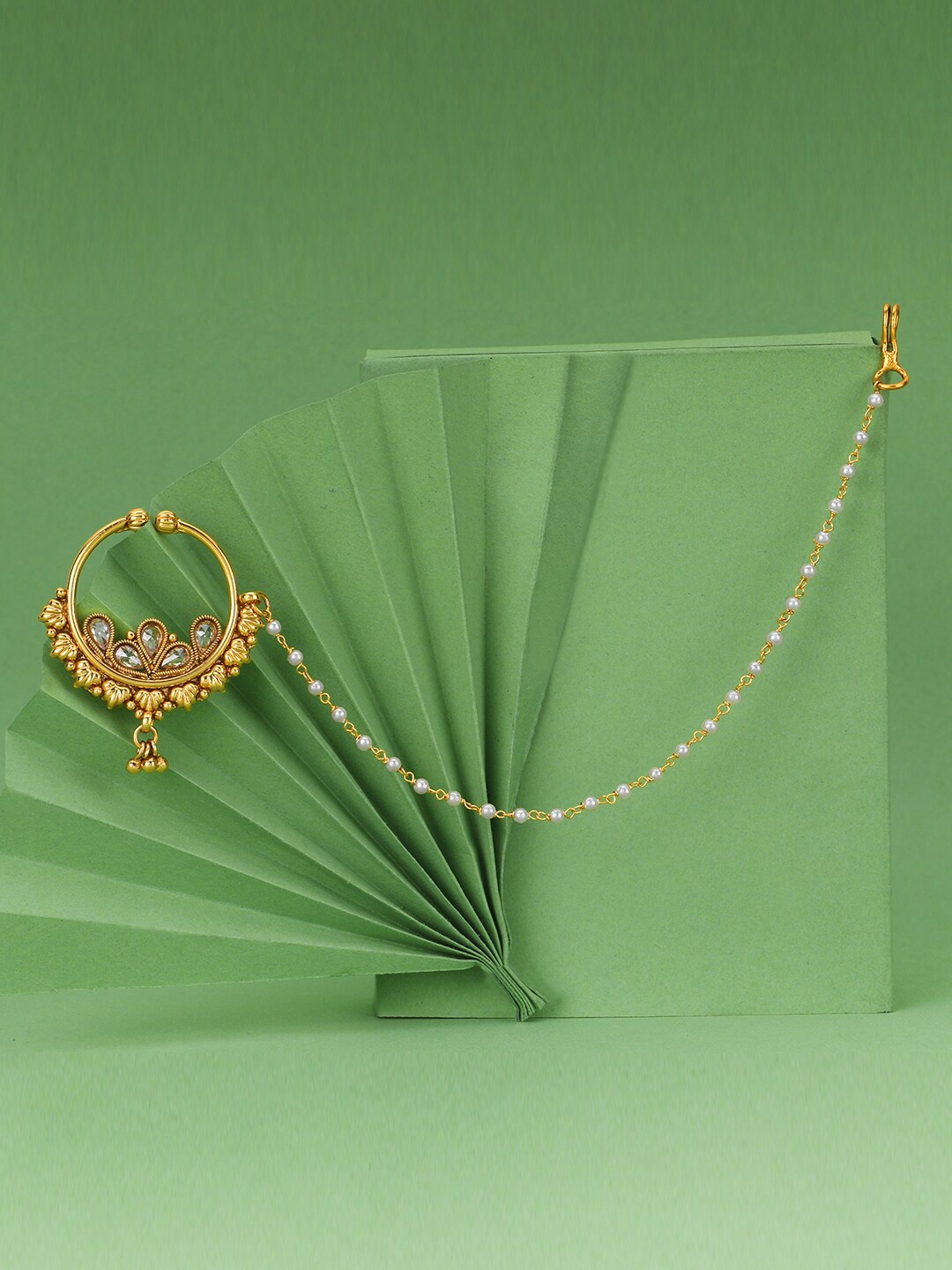 

Adwitiya Collection 24 CT Gold-Plated Stone-Studded Nose Pin with Pearl Extension
