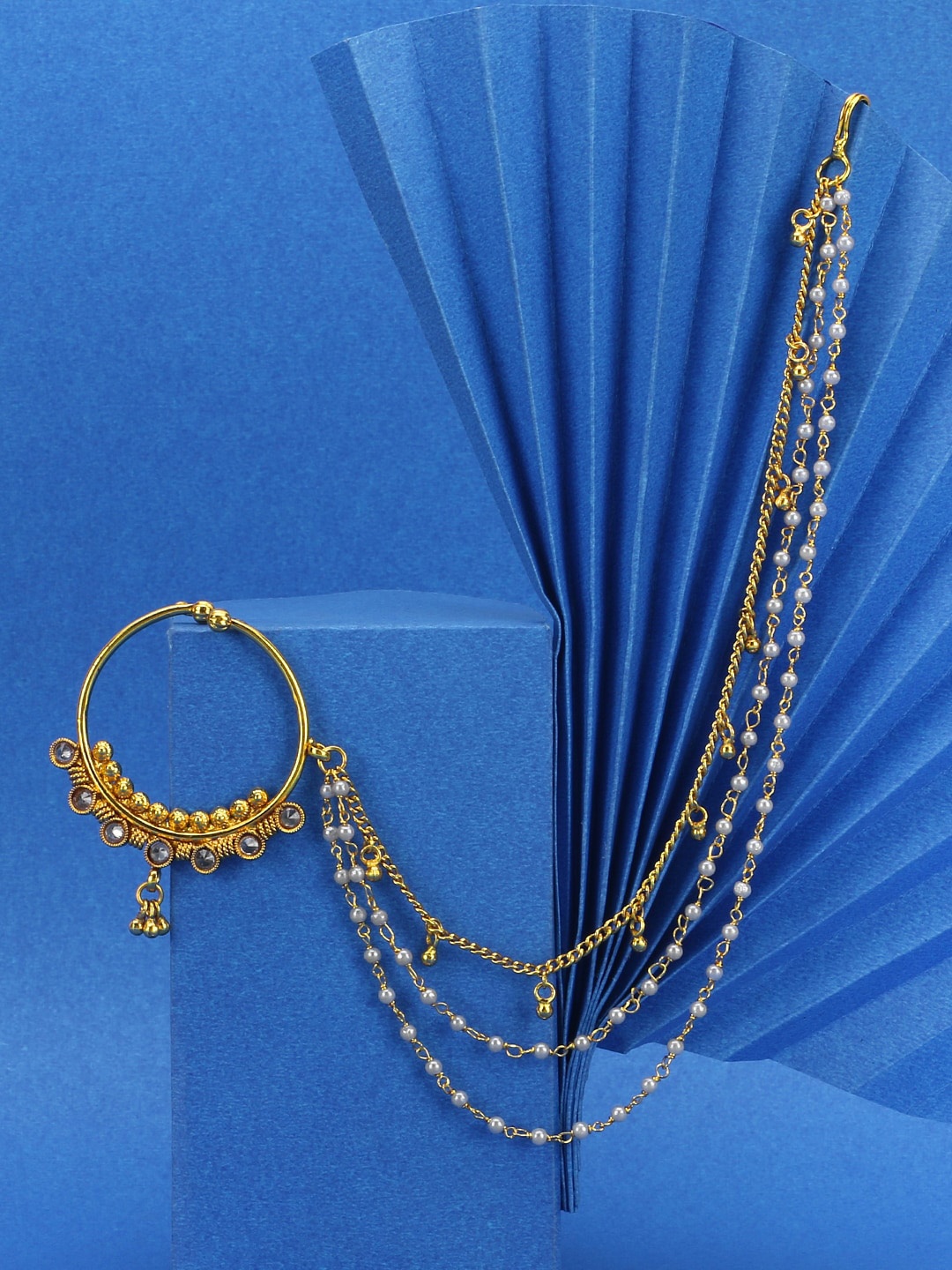 

Adwitiya Collection 24 CT Gold-Plated Stone-Studded Nose Pin with Pearl Extension