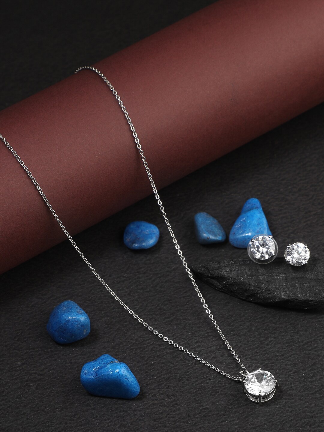 

Adwitiya Collection Rhodium-Plated CZ Stone- Studded Jewellery Set, Silver