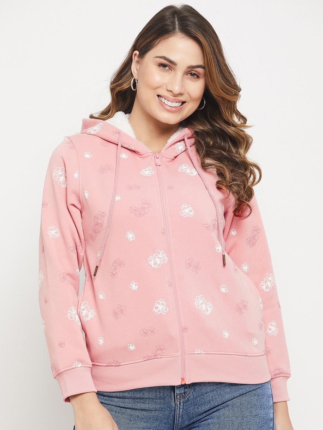 

Madame Women Printed Cotton Hooded Sweatshirt, Pink