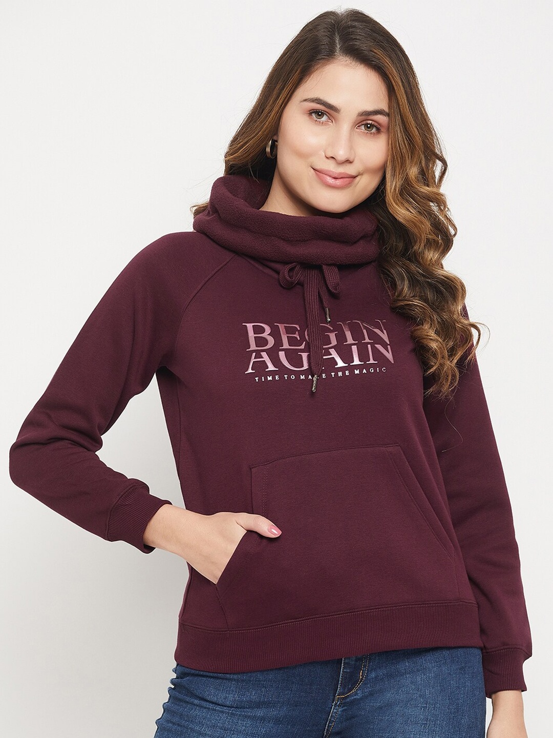 

Madame Women Printed Cotton Turtle Neck Sweatshirt, Burgundy