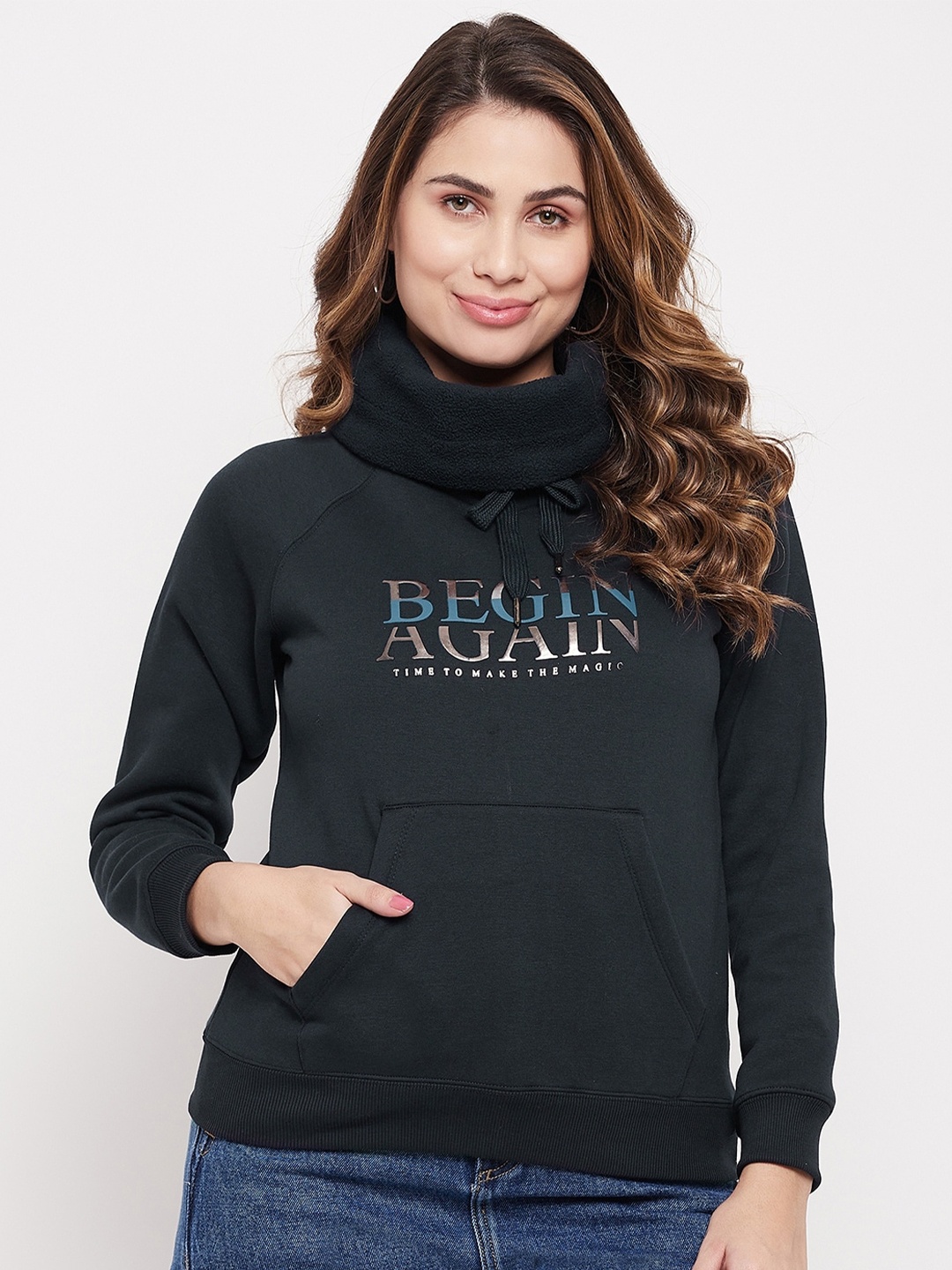 

Madame Women Printed Cotton Turtle Neck Sweatshirt, Navy blue