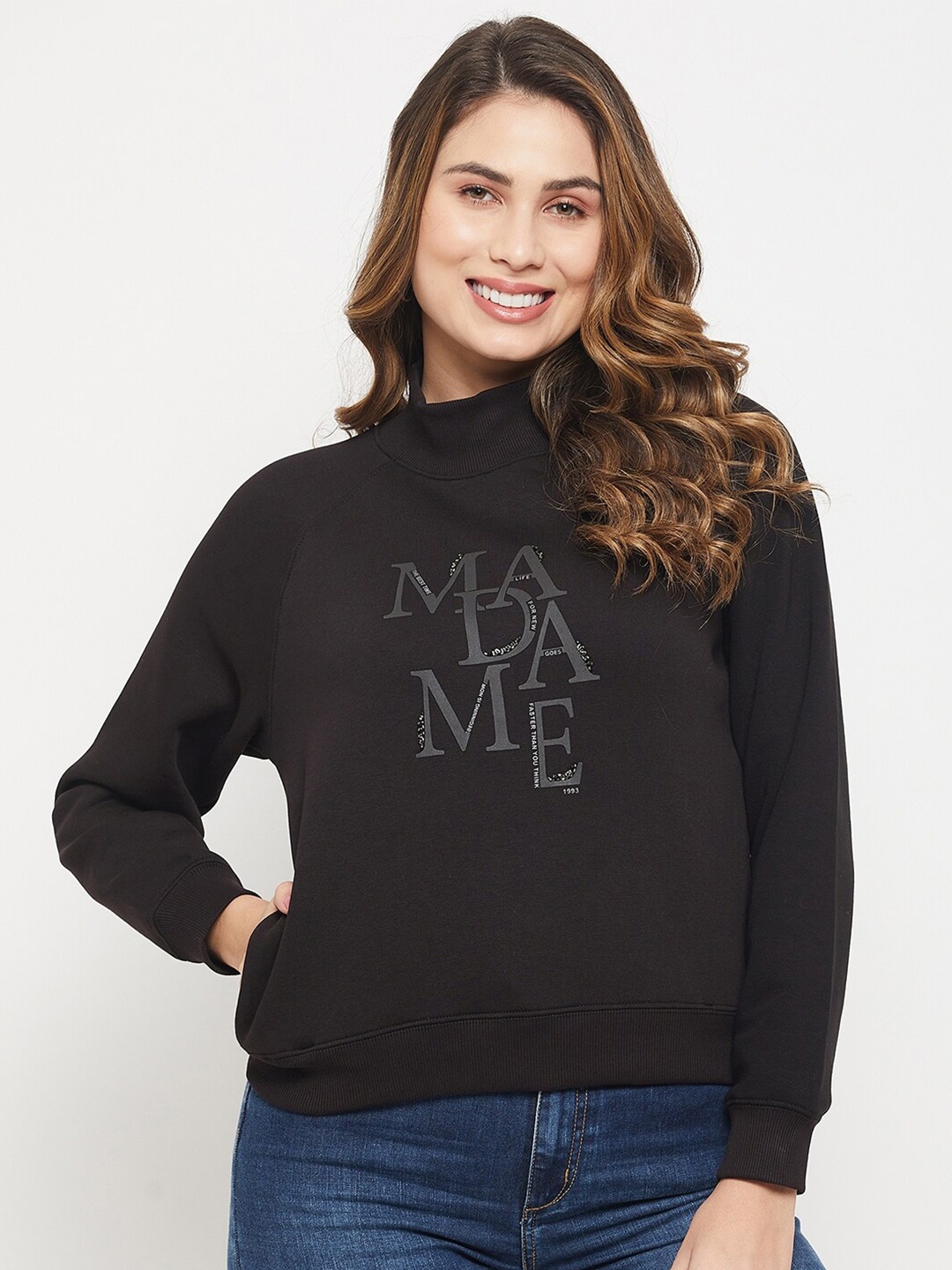 

Madame Women Printed Mock Collar Cotton Sweatshirt, Black