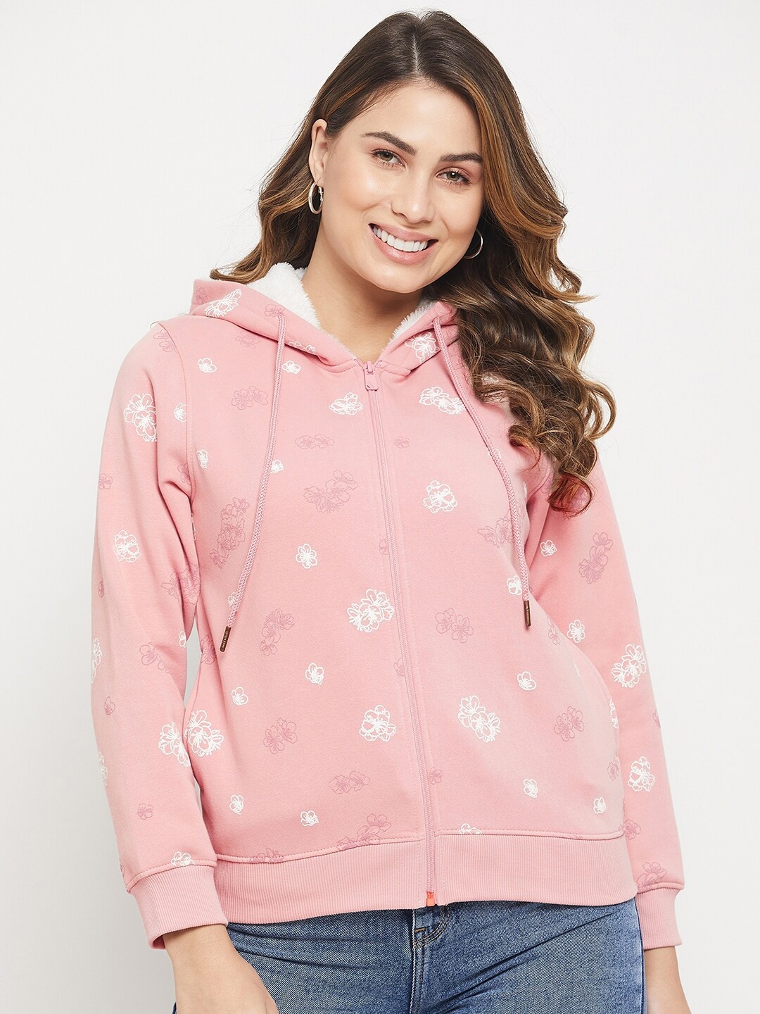 

Madame Women Printed Hooded Cotton Sweatshirt, Pink