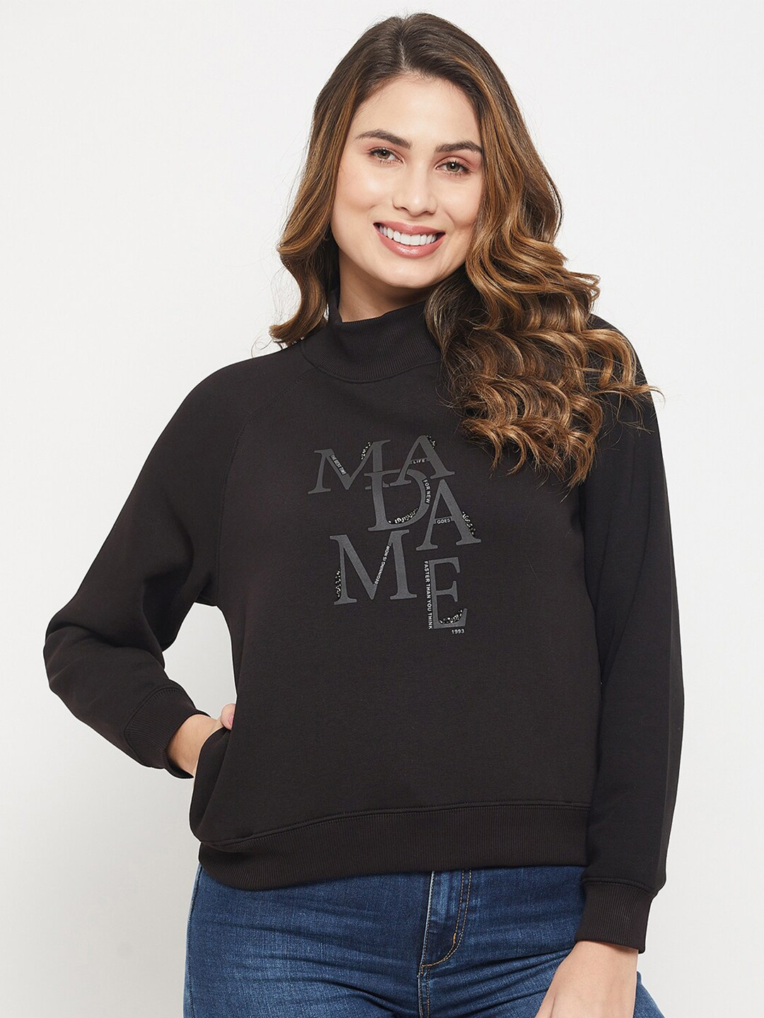 

Madame Women Printed Mock Collar Cotton Sweatshirt, Black