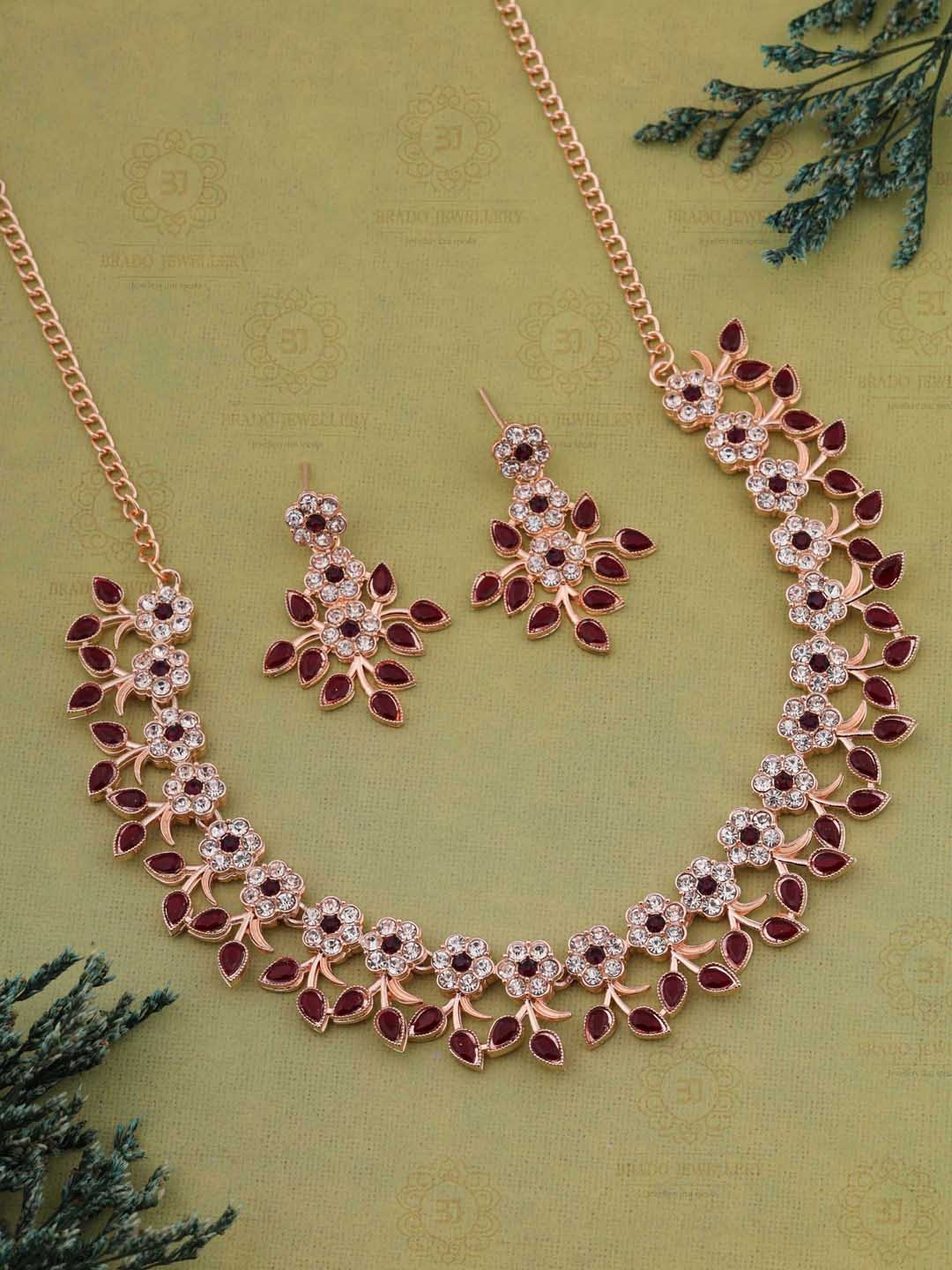 

Brado Jewellery Rose Gold-Plated AD & CZ Stone-Studded Floral Design Jewellery Set