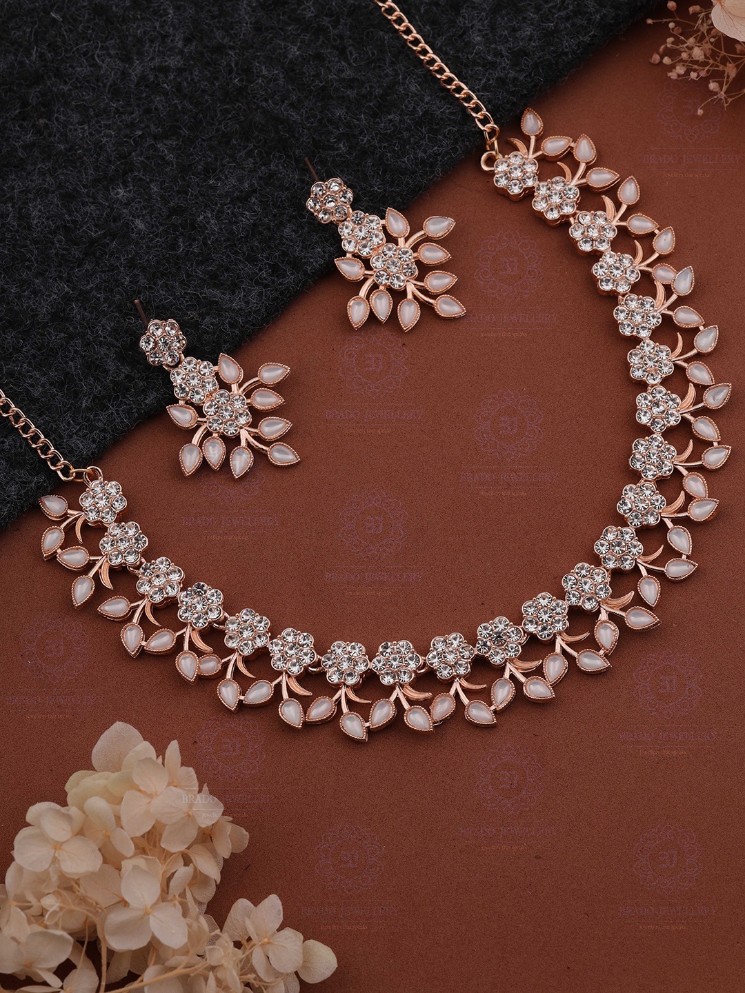 

Brado Jewellery Rose Gold-Plated AD & CZ Stone-Studded Floral Design Jewellery Set