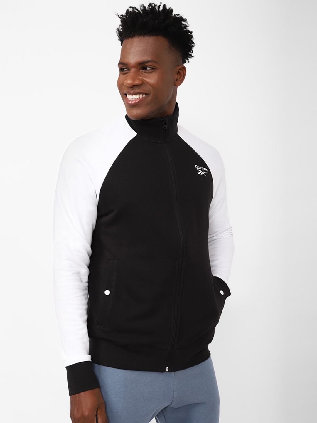 Reebok Men Colourblocked Cotton Sporty Jacket, Black