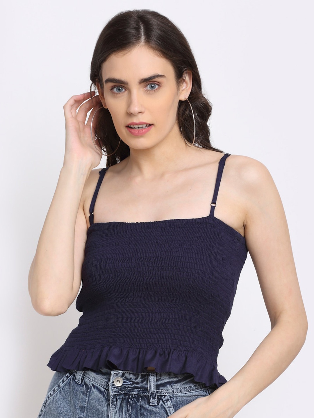 

NEUDIS Smocked Crop Top, Navy blue