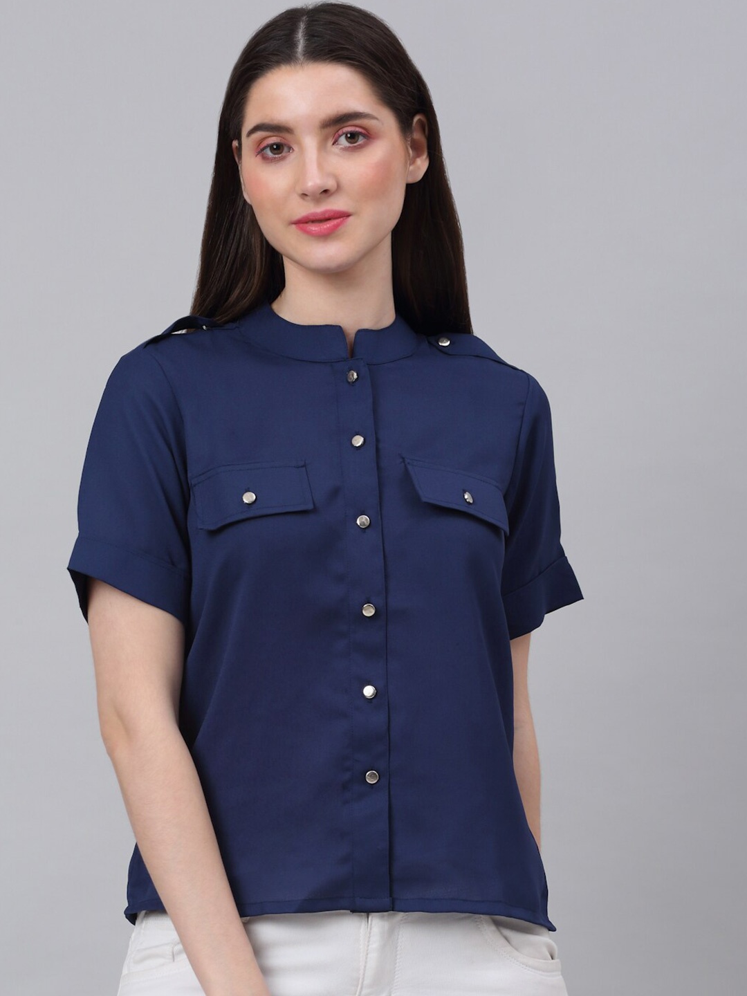 

NEUDIS Mandarin Collar Shirt Style Top, Blue