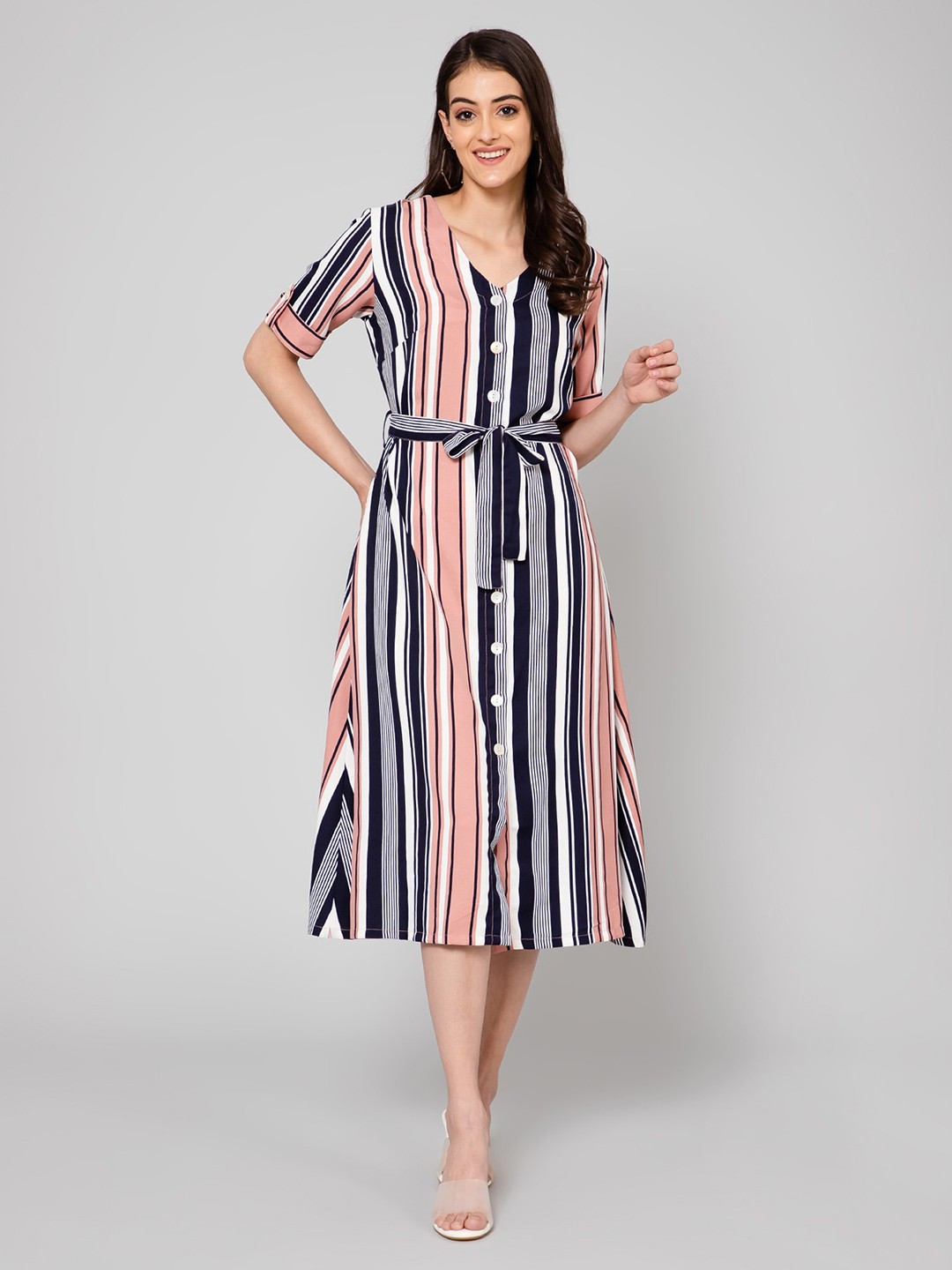 

Cantabil Printed Striped Button Midi Dress, Peach
