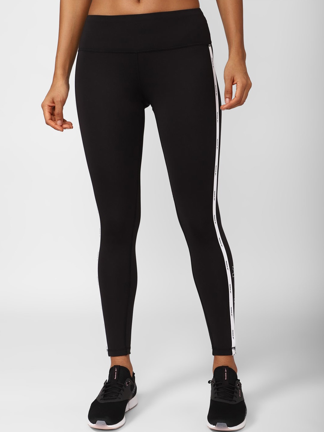 Reebok Women Side Striped & Brand Logo Printed Slim-Fit Tights, Black