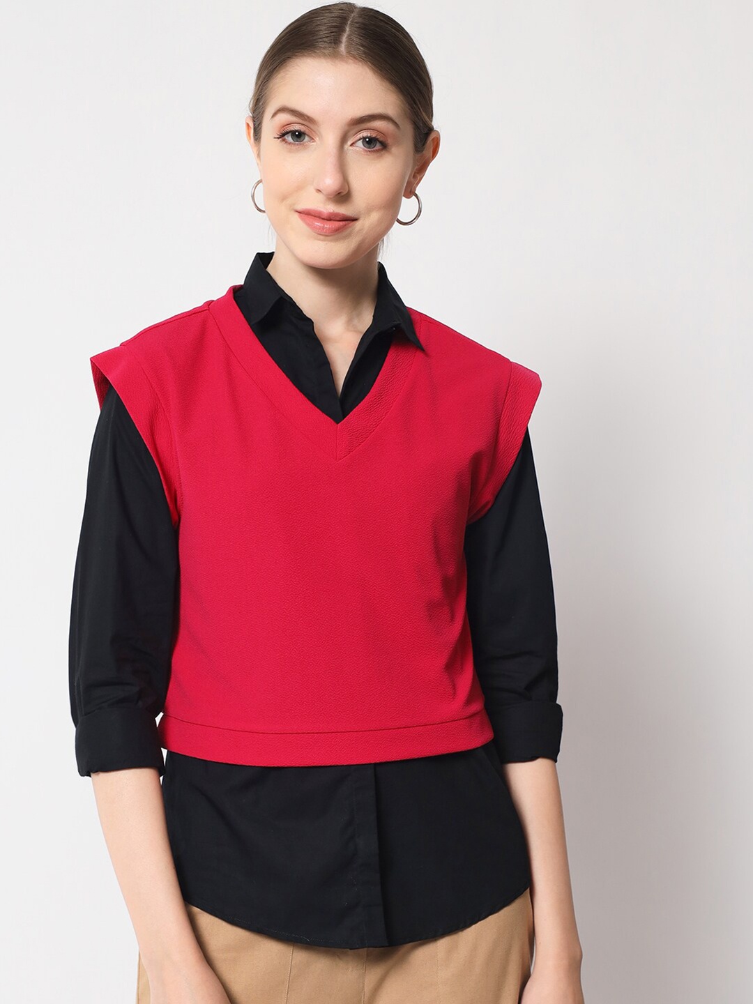

Orchid Blues Colourblocked Roll-Up Sleeves Shirt Style Top, Blue