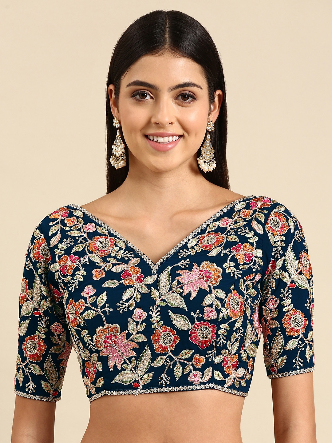 

flaher Embroidered Georgette Ready To Wear Padded Saree Blouse, Blue