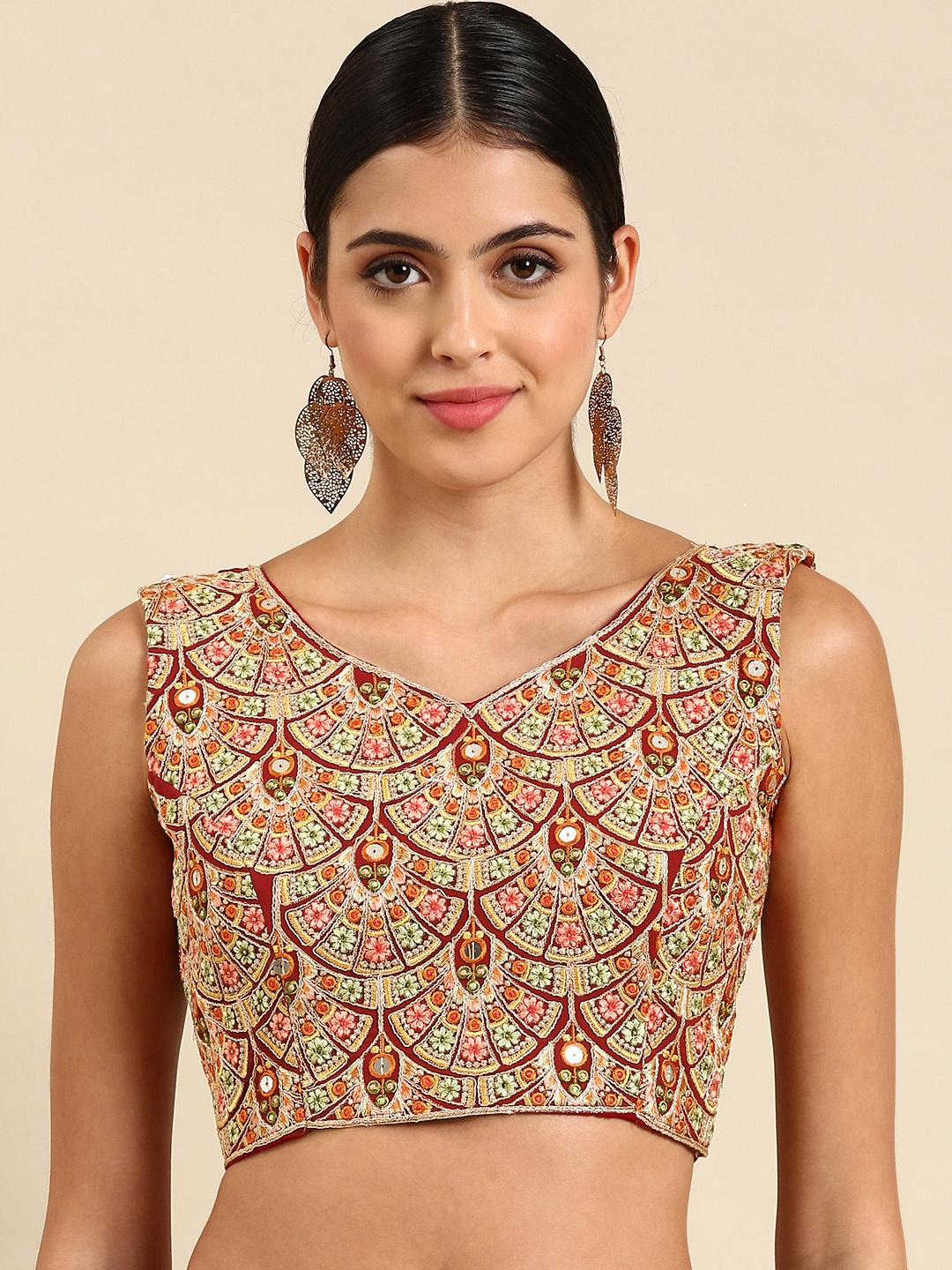 

flaher Embroidered Georgette Ready To Wear Padded Saree Blouse, Red