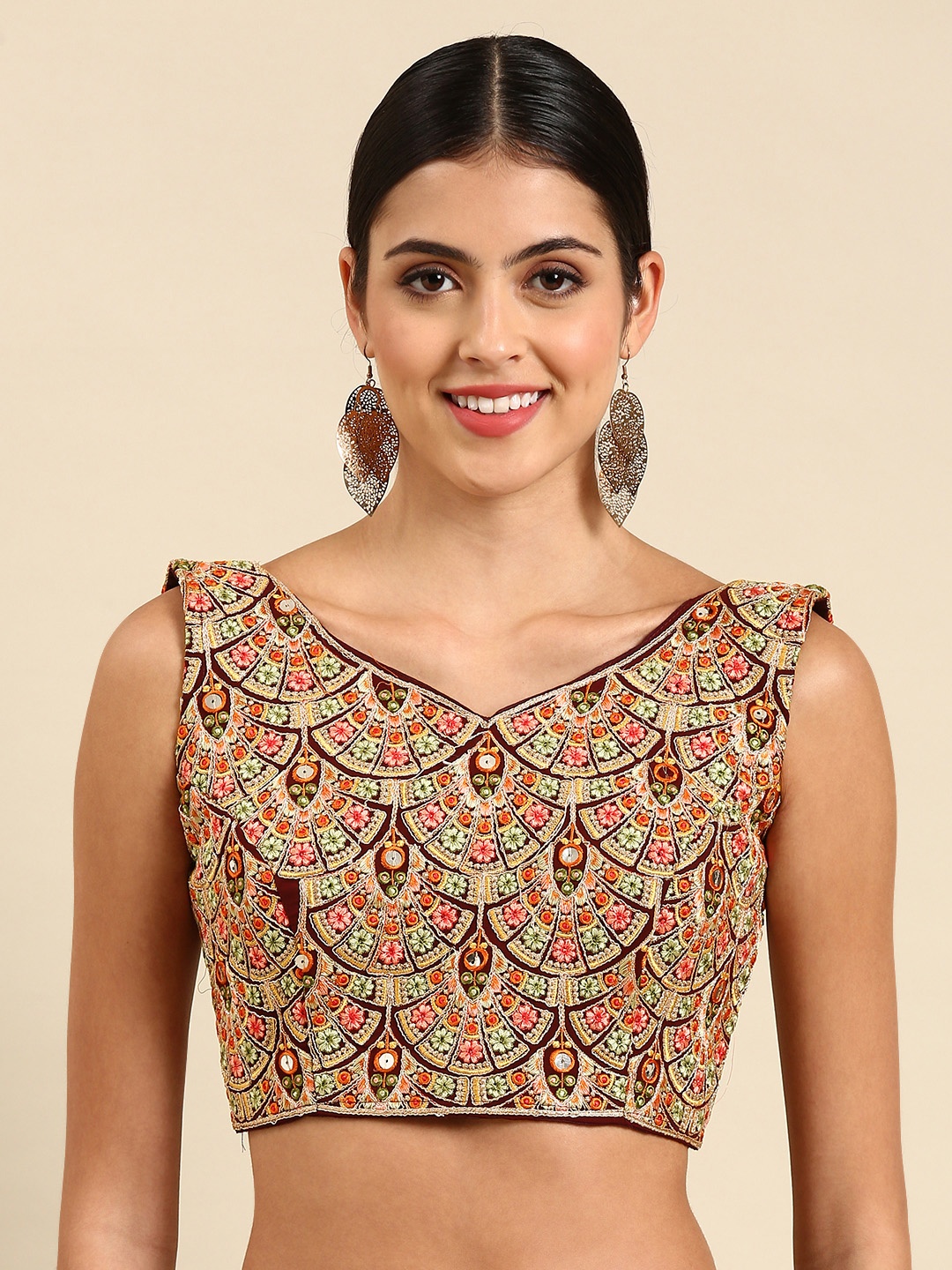 

flaher Embroidered Georgette Ready To Wear Padded Saree Blouse, Coffee brown