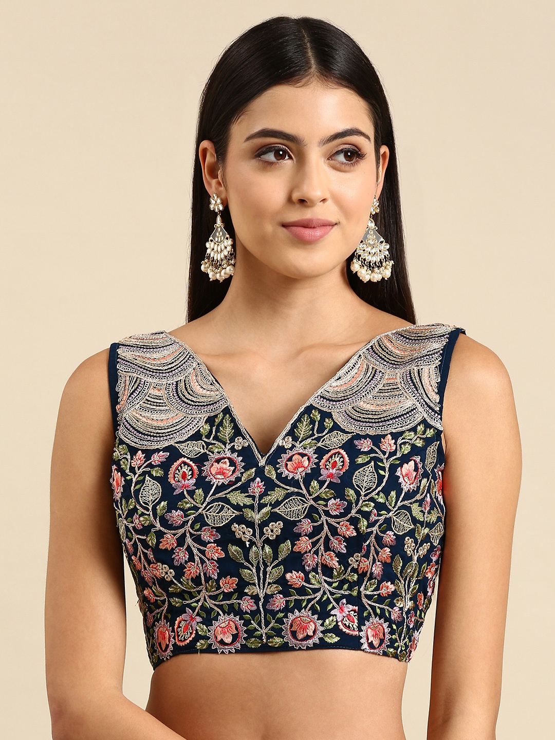 

flaher Women Embroidered Georgette Ready To Wear Padded Saree Blouse, Blue