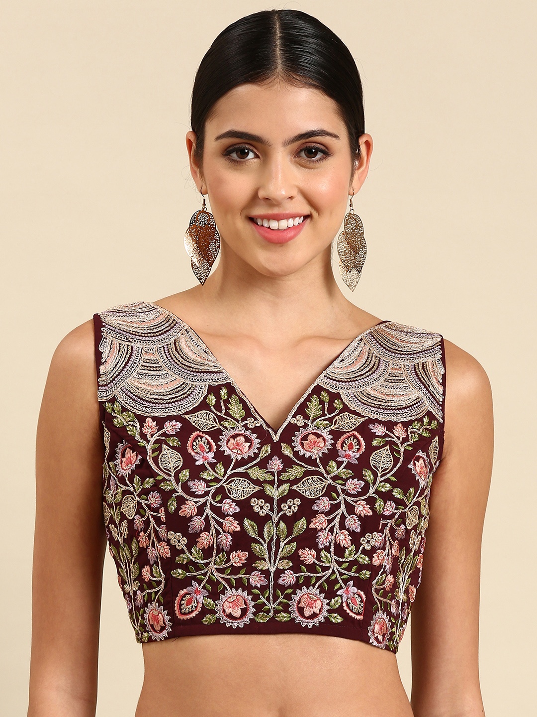

flaher Embroidered Georgette Ready To Wear Padded Saree Blouse, Coffee brown