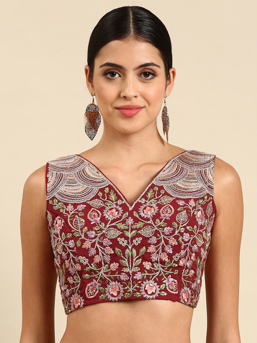 

flaher Embroidered Georgette Ready To Wear Padded Saree Blouse, Red