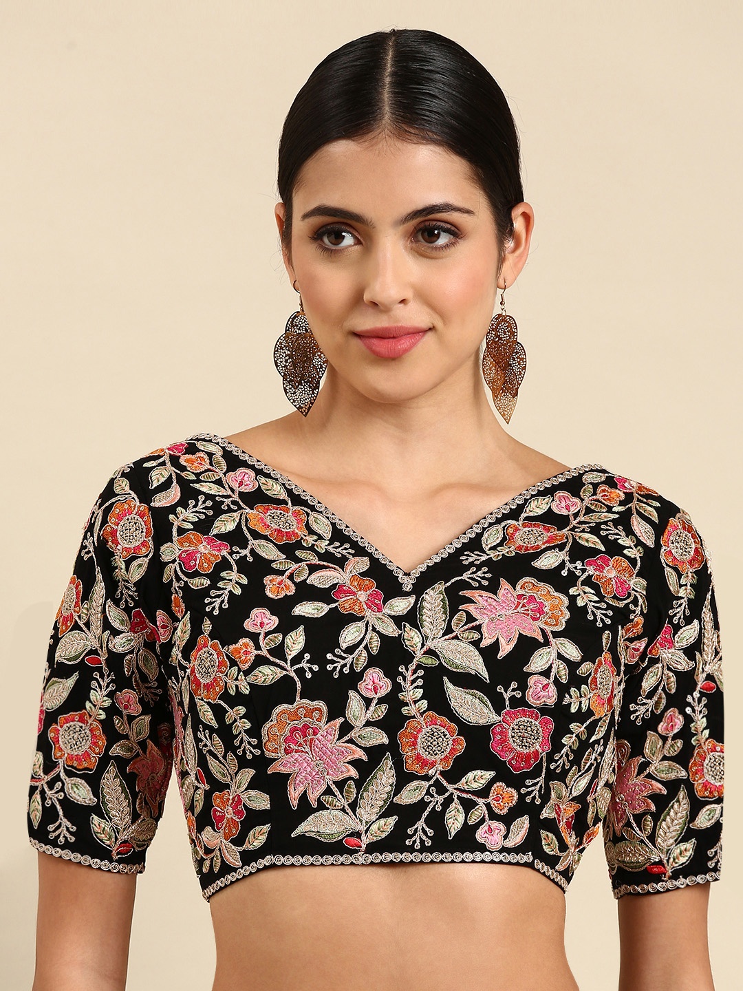 

flaher Embroidered Georgette Ready To Wear Padded Saree Blouse, Black