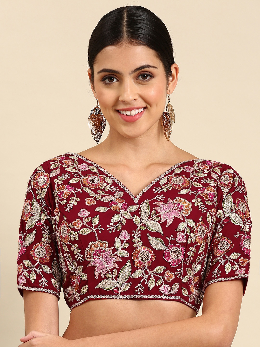 

flaher Embroidered Georgette Ready To Wear Padded Saree Blouse, Red