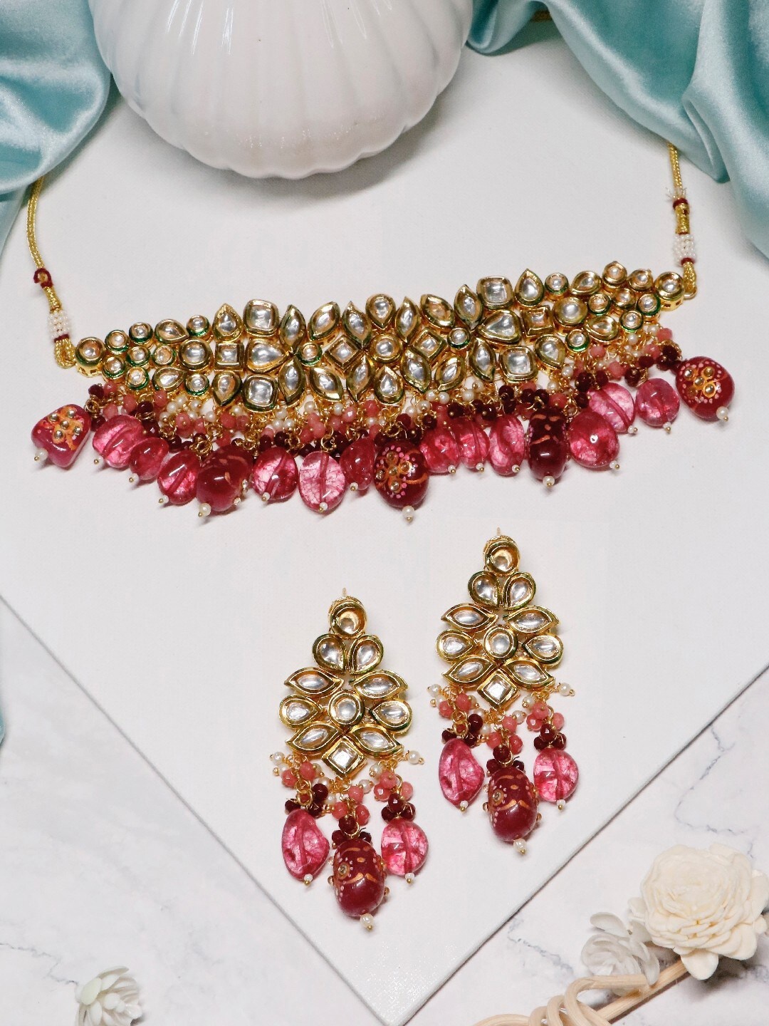 

Ishhaara Lux Collection Gold-Plated Onyx Stones-Studded Semi Precious Jewellery Set