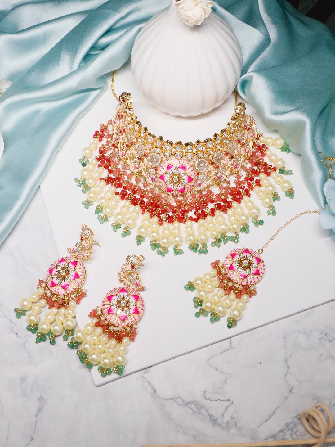 

Ishhaara Maharani Enamel Gold-Plated Onyx Stones-Studded Jewellery Set, Pink