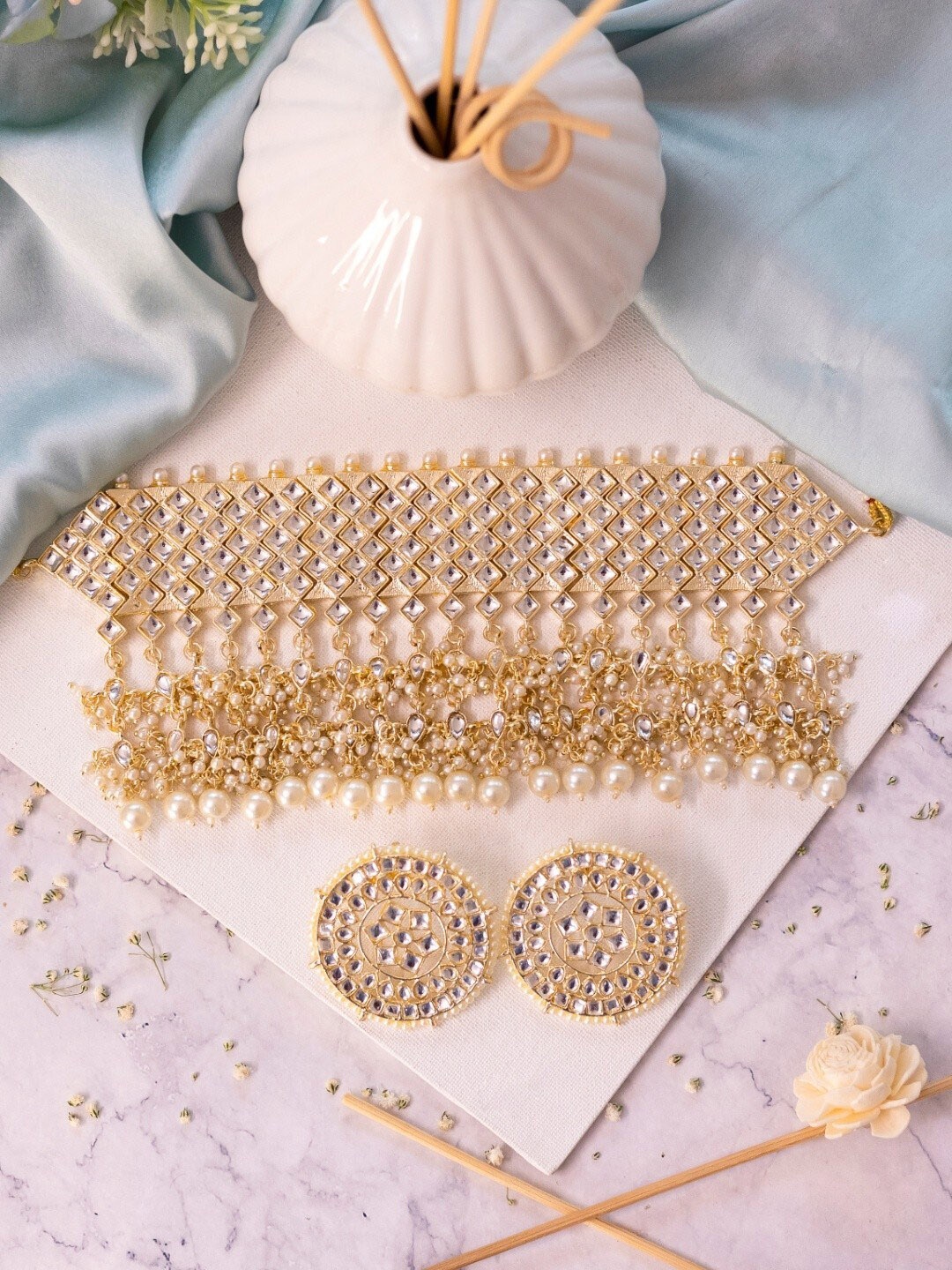 

Ishhaara Gold-Plated Stone Studded Choker With Pearl Tassels