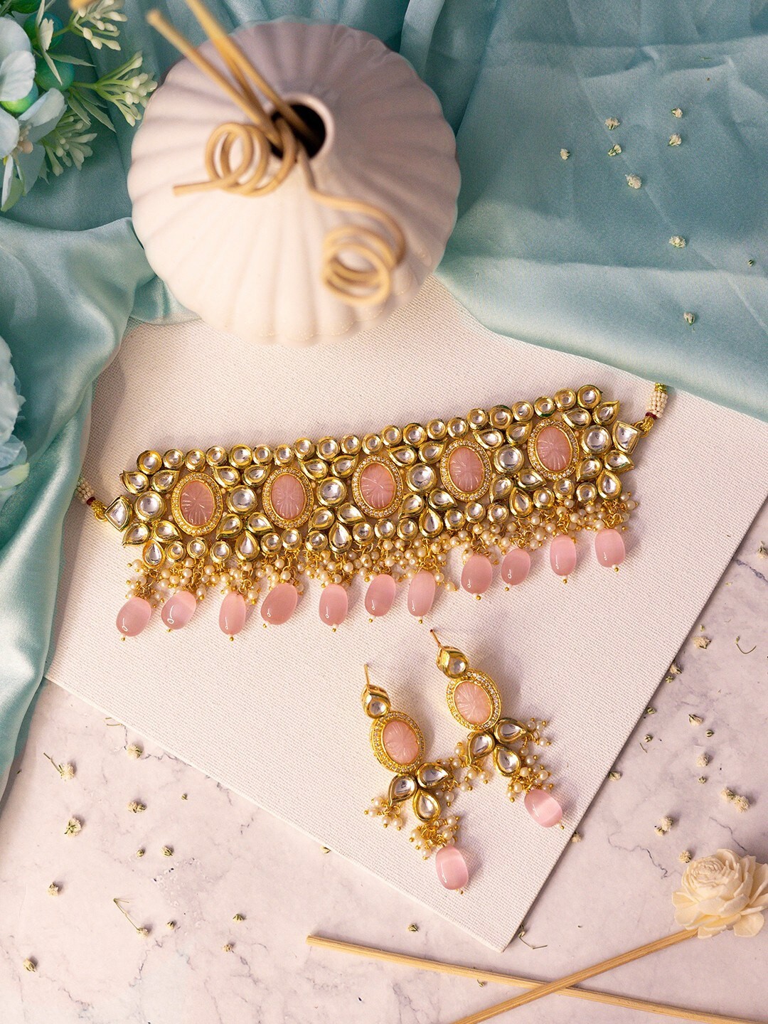 

Ishhaara Gold-Plated Onyx Stones-Studded Jewellery Set, Pink