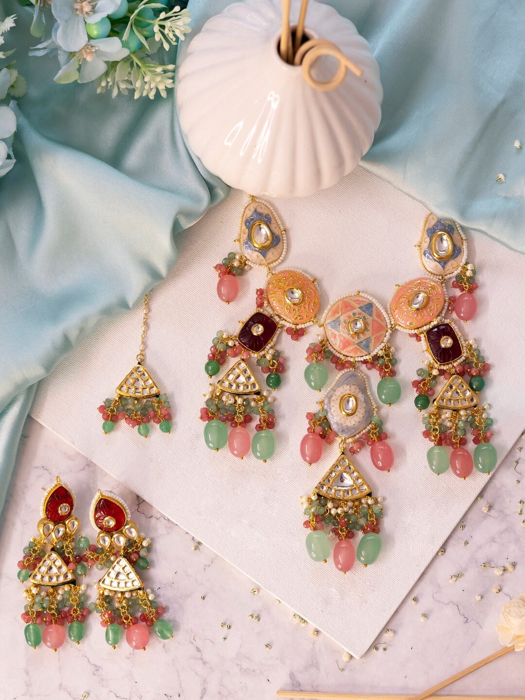 

Ishhaara Gold-Plated Hand Painted Kundan Studded Necklace Set, Peach