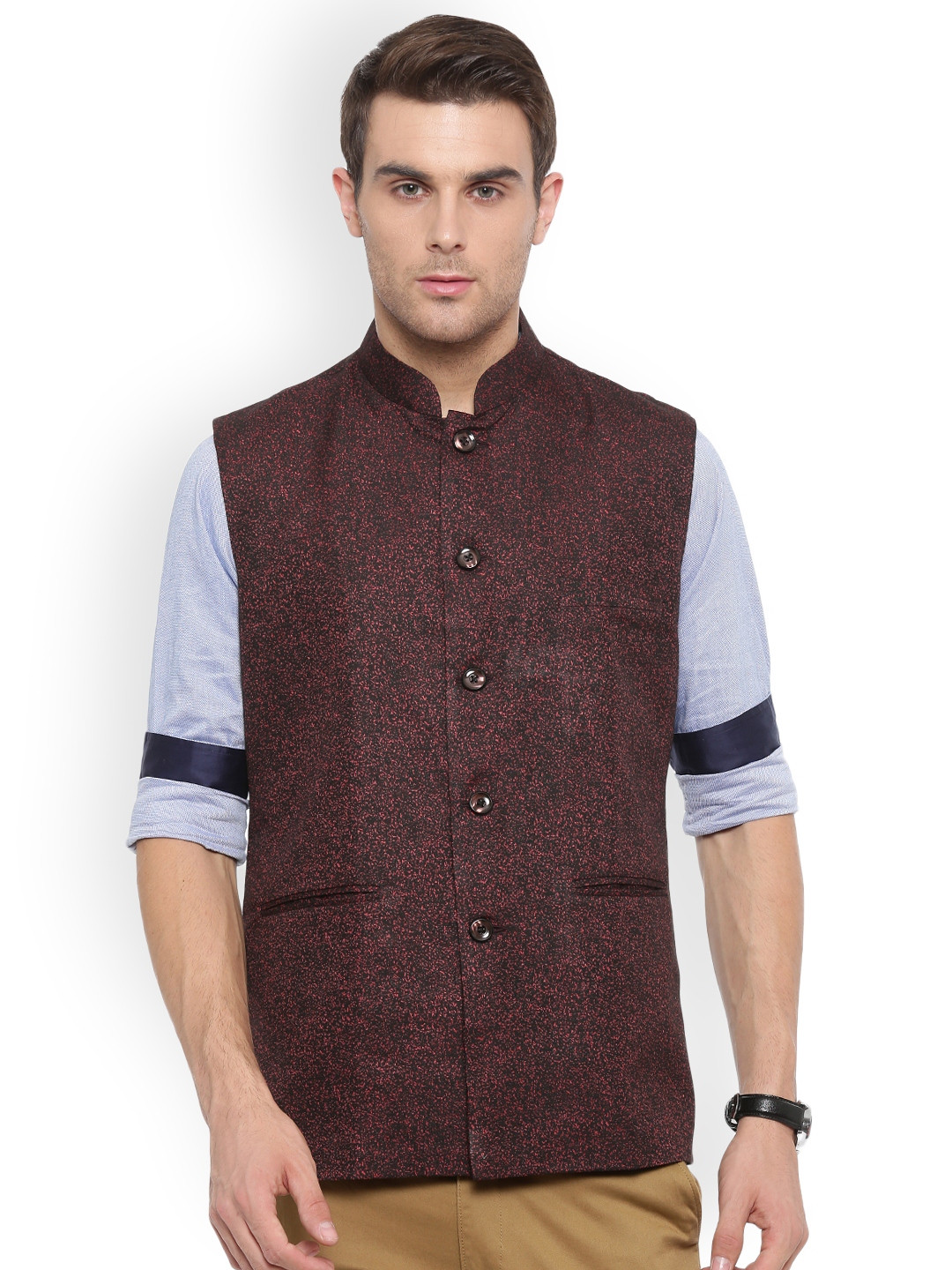 

Shaftesbury London Black & Maroon Slim Fit Nehru Jacket